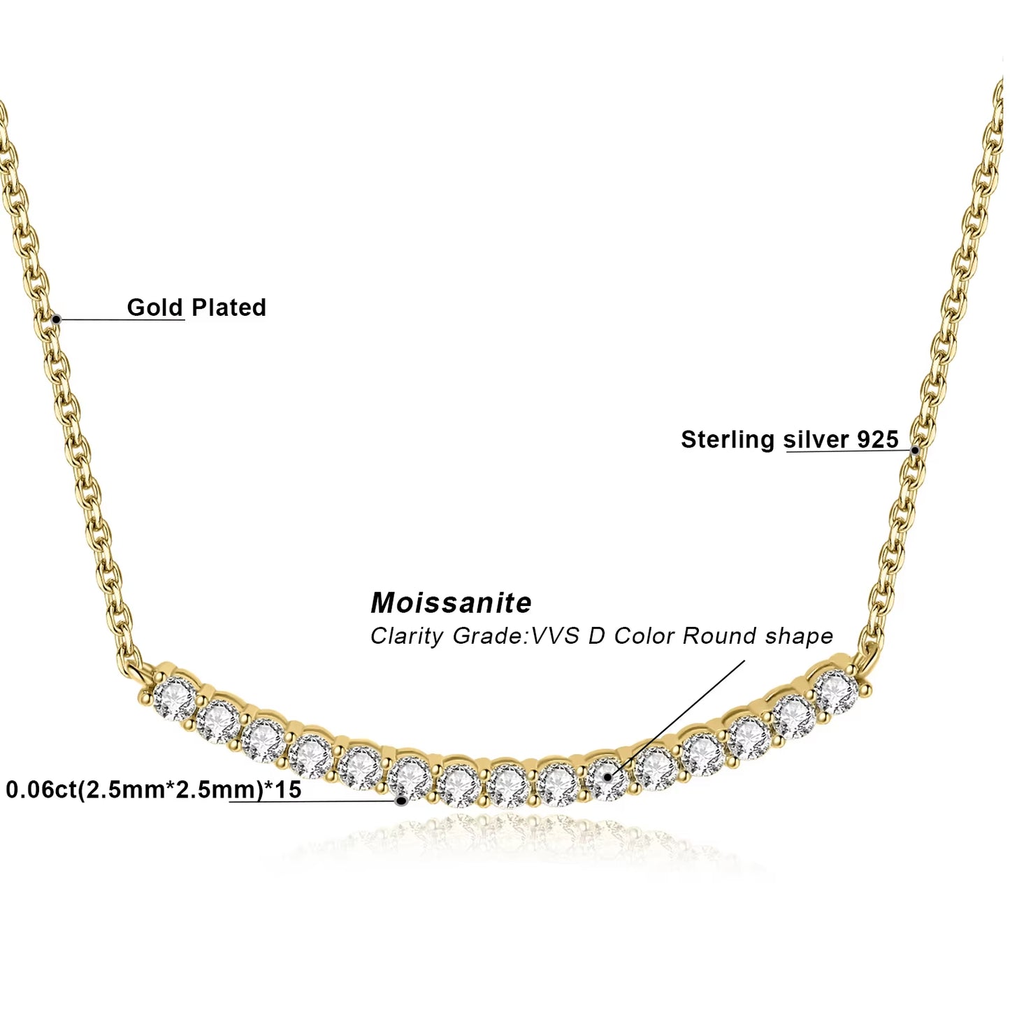 Moissanite D Color Total 0.9Ct 925 Sterling Silver Necklace for Woman Luxury Choker 45Cm Yellow Rose Gold Plated