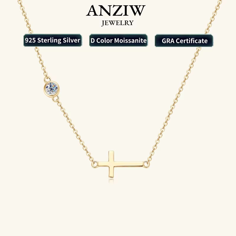 2024 New 925 Silver Cross Pendant Necklace for Women Delicate Sideway Moissanite 4Mm Charm Necklace Jewelry Valentine Day Gift