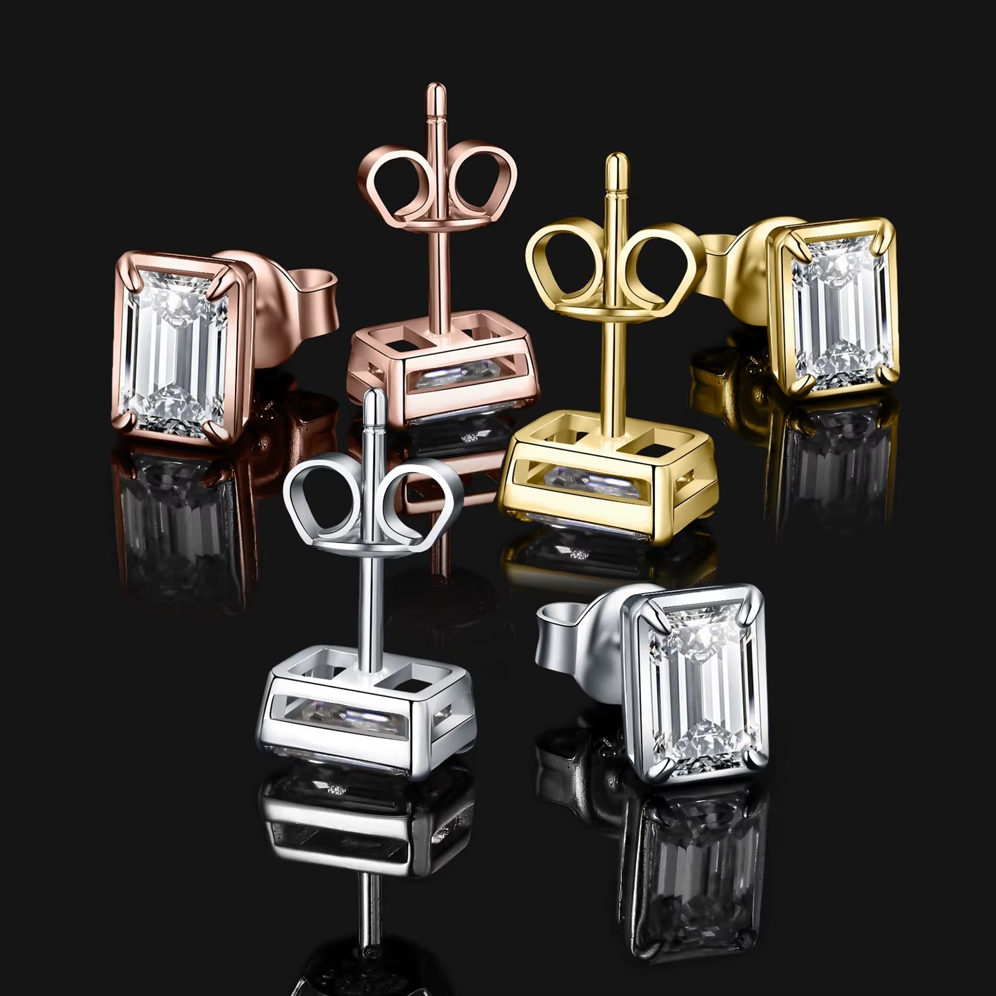 Moissanite D Color 1.6Ct/Pair Emerald Cut 925 Sterling Silver Stud Earrings for Woman Yellow Rose Gold Plated