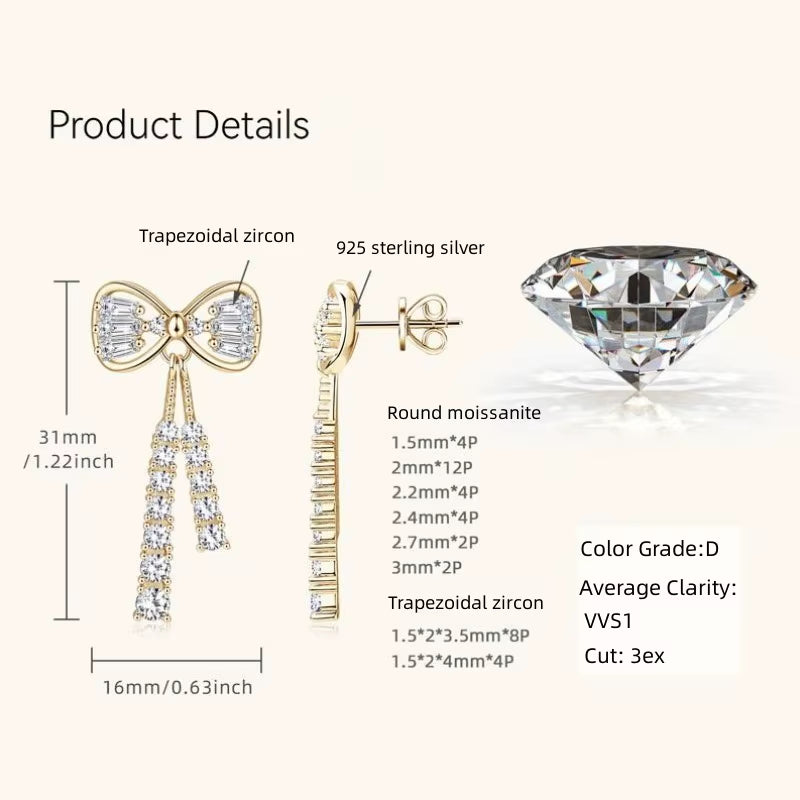 Korean Drop Earrings D Color Moissanite 925 Sterling Silver Cute Bow Dangle Stud Earring for Women Certified Jewelry Gifts