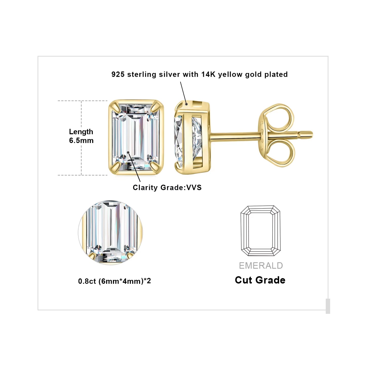 Moissanite D Color 1.6Ct/Pair Emerald Cut 925 Sterling Silver Stud Earrings for Woman Yellow Rose Gold Plated