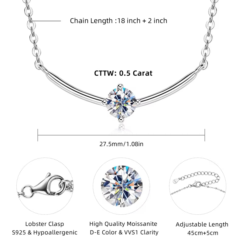 2024 5Mm 0.5Ct D Moissanite Curved Pendant Necklace 100% 925 Silver Chain for Women Jewelry Christmas Anniversary Gift with GRA