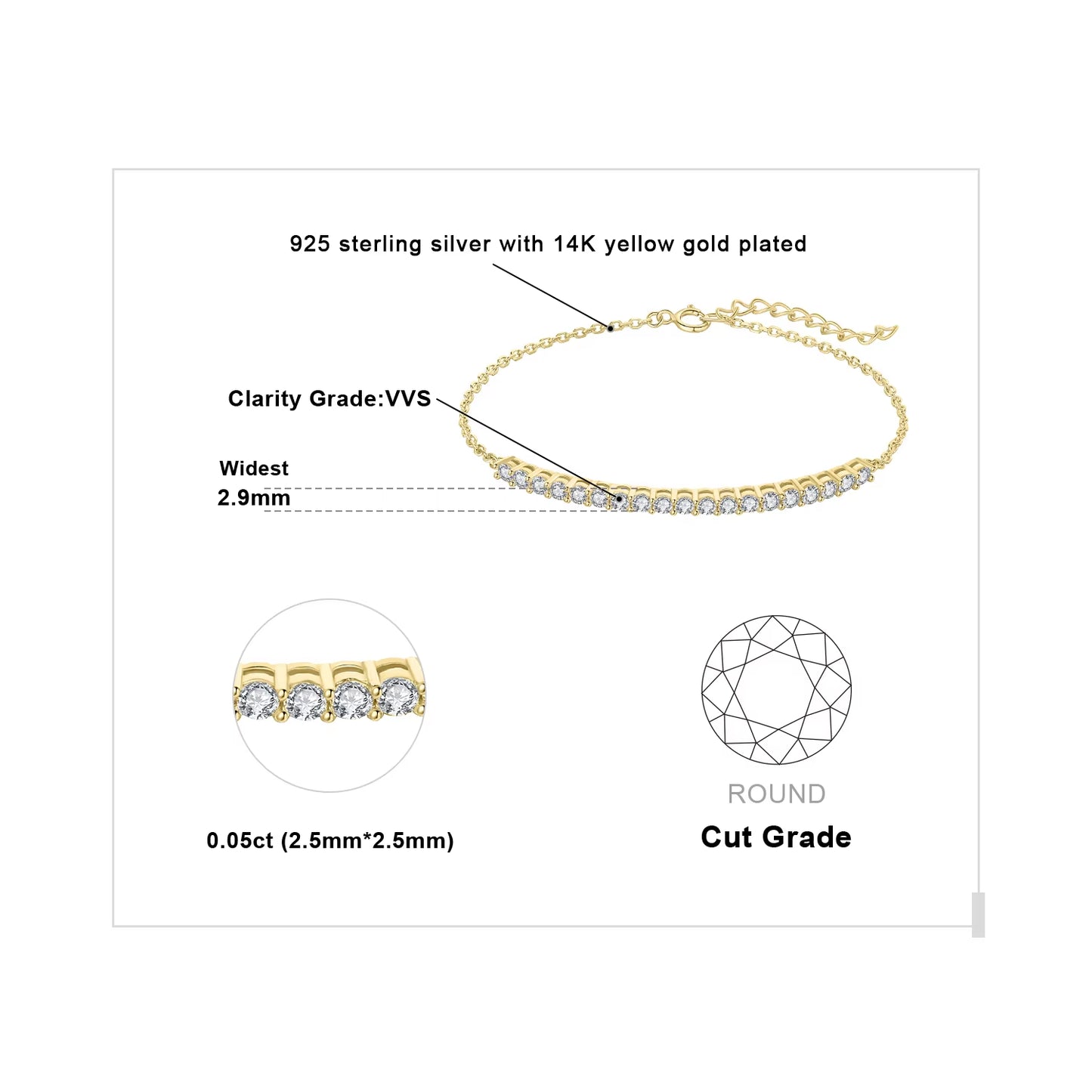 Moissanite D Color round Cut 925 Sterling Silver Adjustable Link Bracelet for Woman Yellow Rose Gold Plated