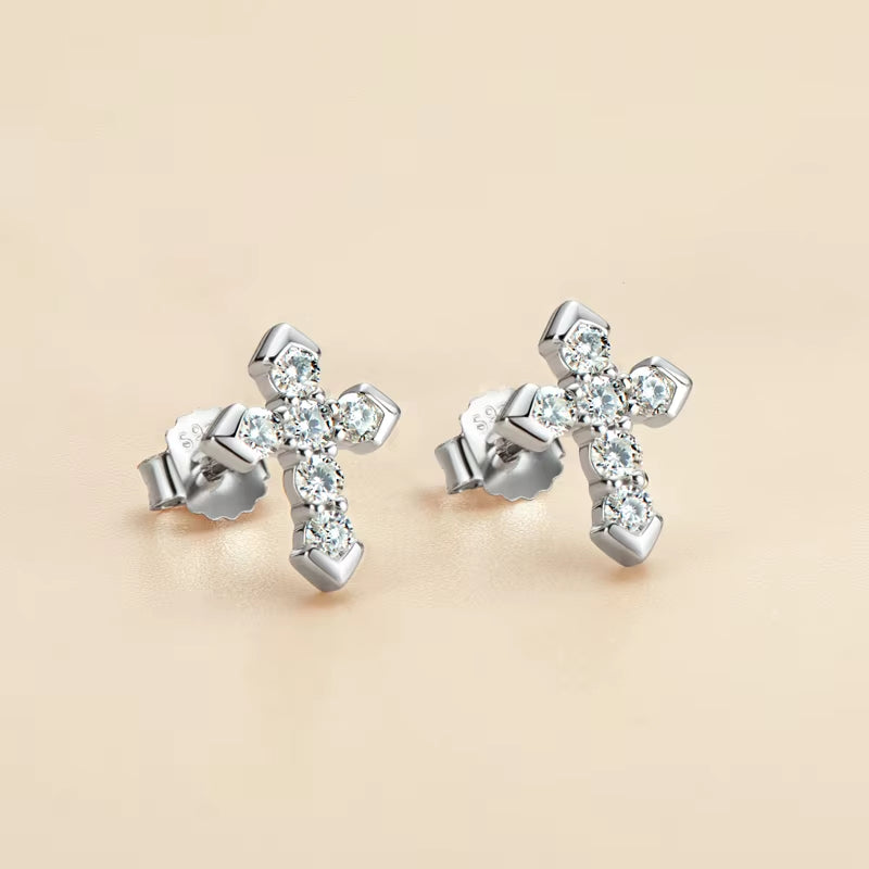 Cross Moissanite Piercing Stud Earrings Real 925 Silver for Men Women Wedding Daily Jewelry Accessories with Certificate