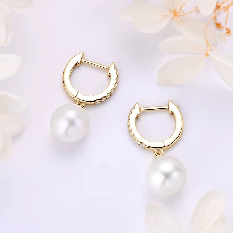 Genuine 925 Sterling Silver Moissanite Hoop Earrings 9-10Mm Freshwater Pearl Drop Earring Wedding Jewelry for Women Gifts