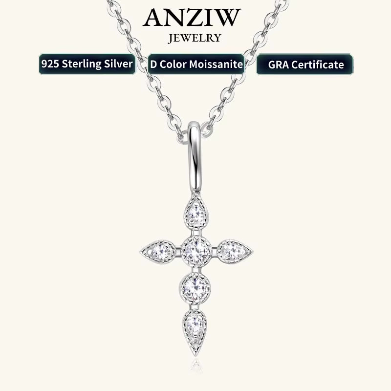 Classic 925 Sterling Silver Cross Pendant Necklace Moissanite for Women Men Certificate Charm Jewelry Collar Gifts 40+5Cm