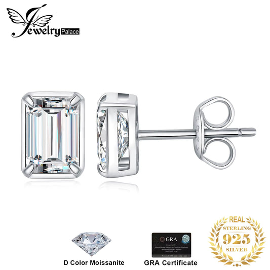 Moissanite D Color 1.6Ct/Pair Emerald Cut 925 Sterling Silver Stud Earrings for Woman Yellow Rose Gold Plated