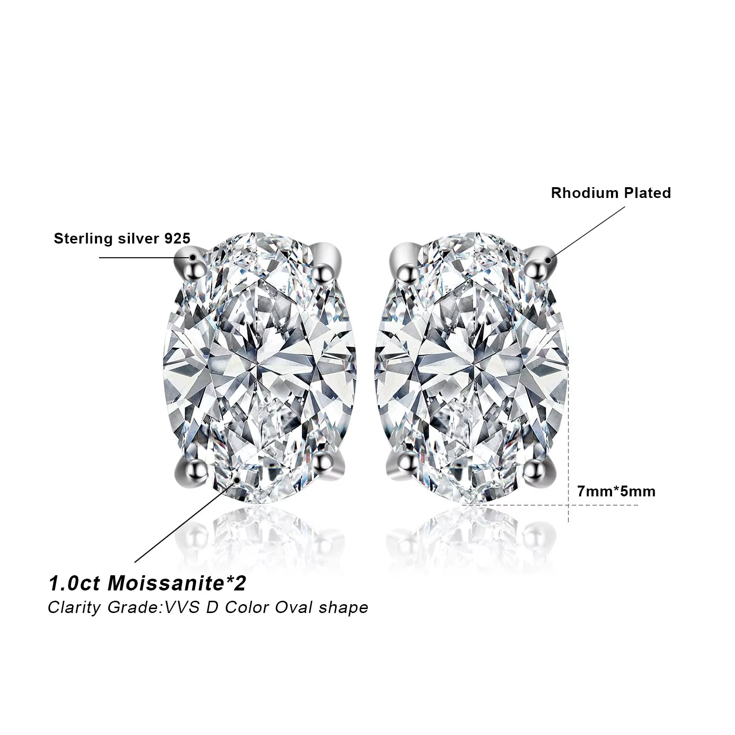 Moissanite D Color Total 2Ct Oval 925 Sterling Silver Stud Earrings for Woman Fine Jewelry Yellow Rose Gold Plated