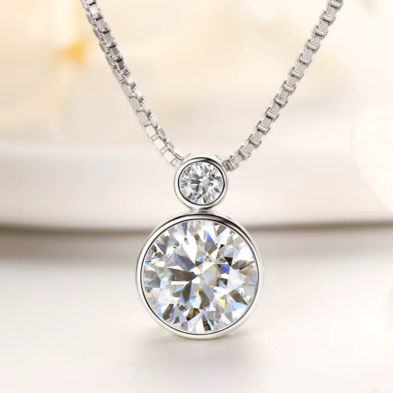 100% 925 Sterling Silver Necklace D2.10CT 8Mm&3Mm Bezel Setting round Cut Moissanite Pendant Necklaces for Women S925 Box Chain