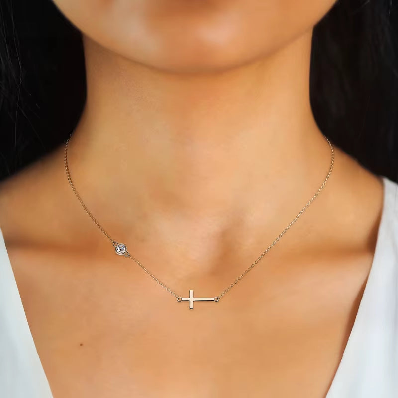 2024 New 925 Silver Cross Pendant Necklace for Women Delicate Sideway Moissanite 4Mm Charm Necklace Jewelry Valentine Day Gift