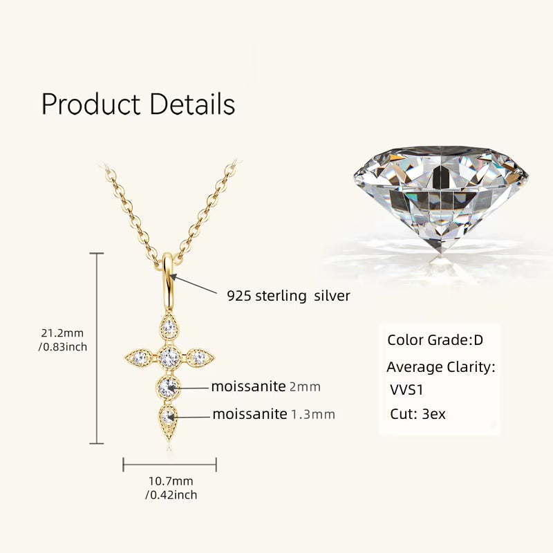 Classic 925 Sterling Silver Cross Pendant Necklace Moissanite for Women Men Certificate Charm Jewelry Collar Gifts 40+5Cm