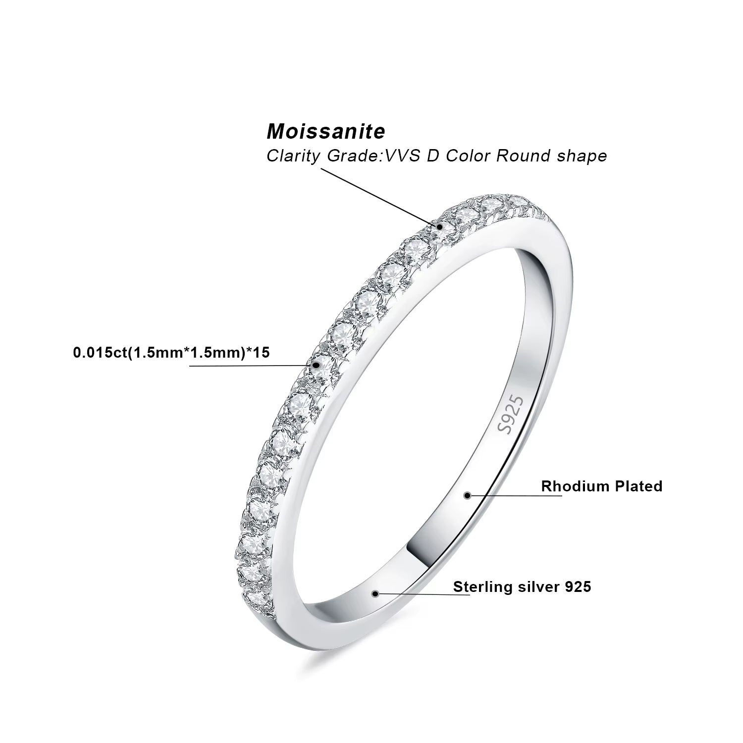 Moissanite D Color Half Eternity 0.225Ct 925 Sterling Silver Wedding Ring for Women Yellow Gold Rose Gold Plated