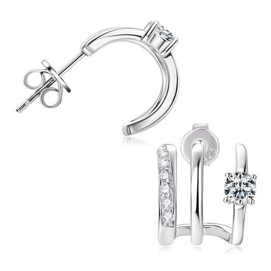 Triple Side Hoops Earrings Half Open Cuff Real 925 Silver Piercing Ear Moissanite Stud Earrings for Women Korean Jewelry