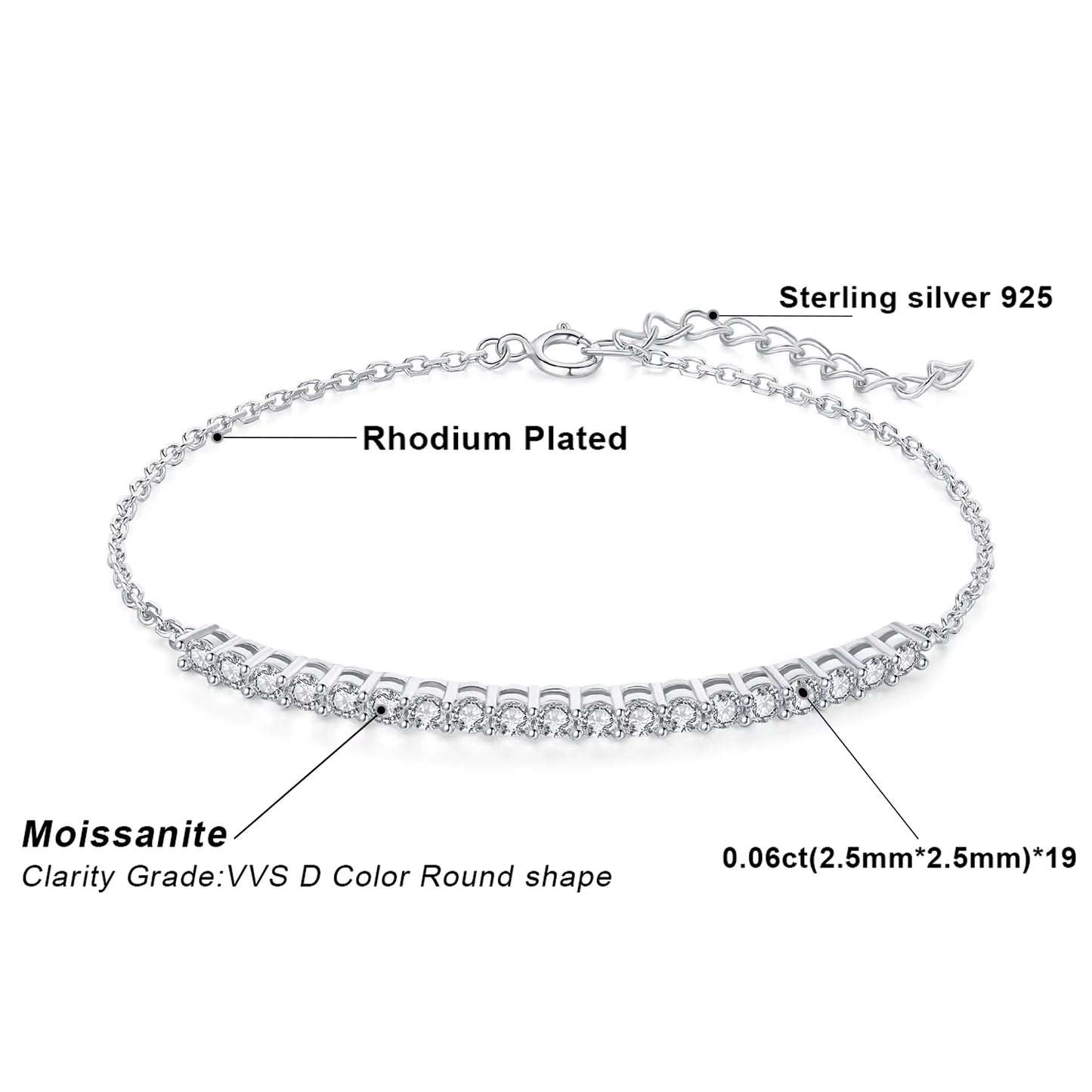 Moissanite D Color round Cut 925 Sterling Silver Adjustable Link Bracelet for Woman Yellow Rose Gold Plated