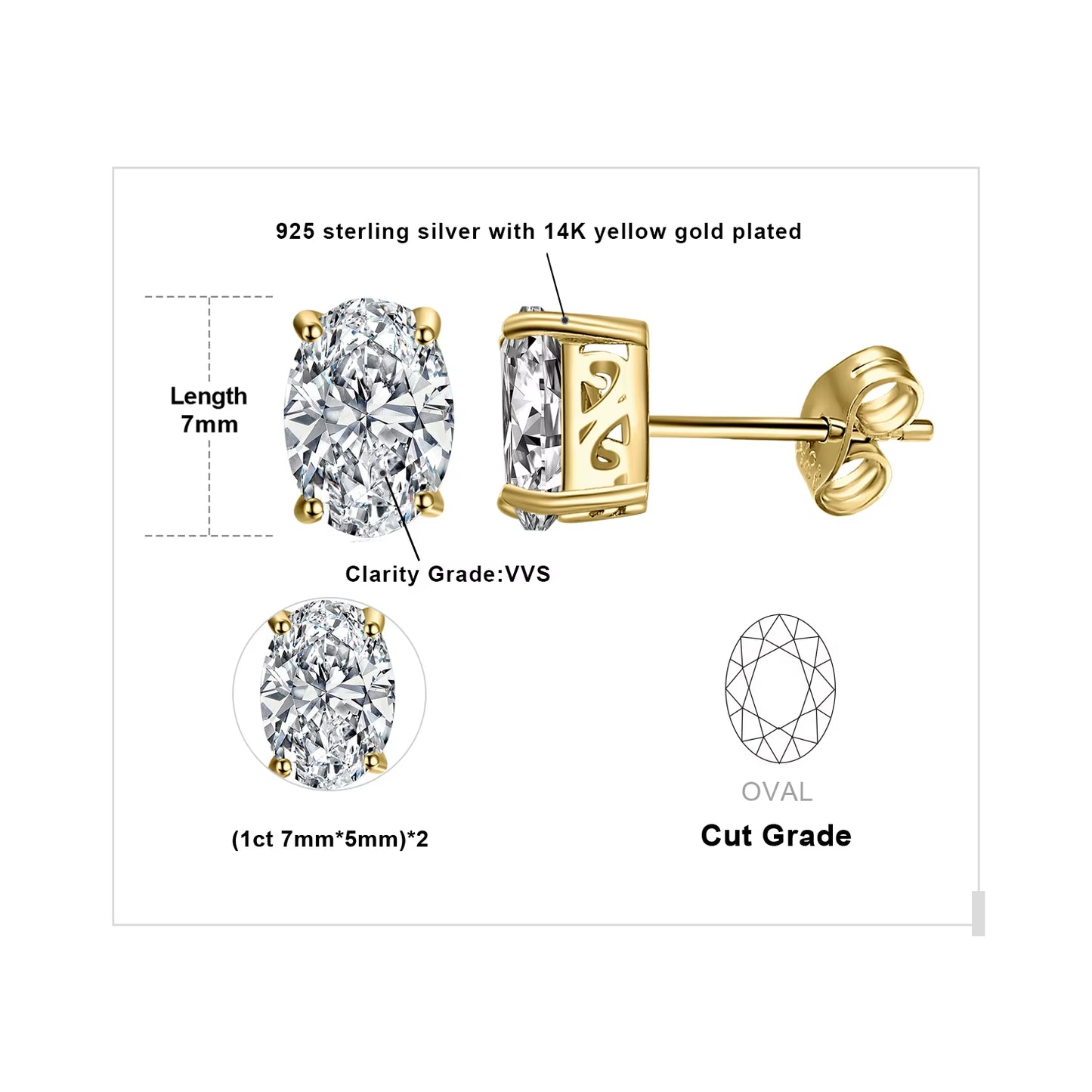 Moissanite D Color Total 2Ct Oval 925 Sterling Silver Stud Earrings for Woman Fine Jewelry Yellow Rose Gold Plated