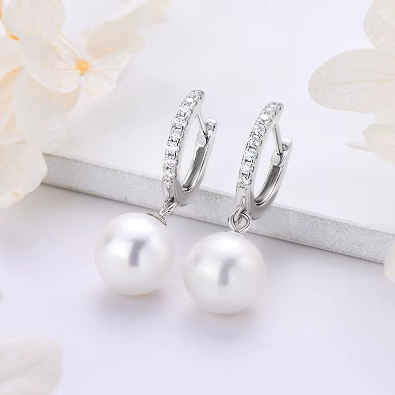 Genuine 925 Sterling Silver Moissanite Hoop Earrings 9-10Mm Freshwater Pearl Drop Earring Wedding Jewelry for Women Gifts