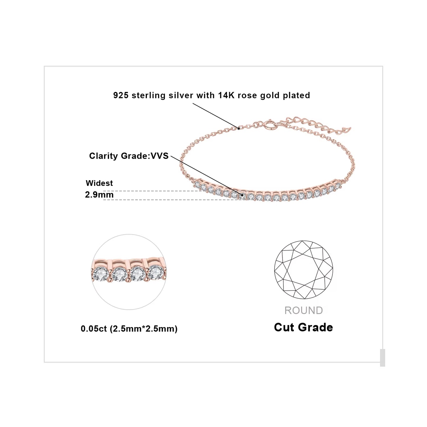 Moissanite D Color round Cut 925 Sterling Silver Adjustable Link Bracelet for Woman Yellow Rose Gold Plated