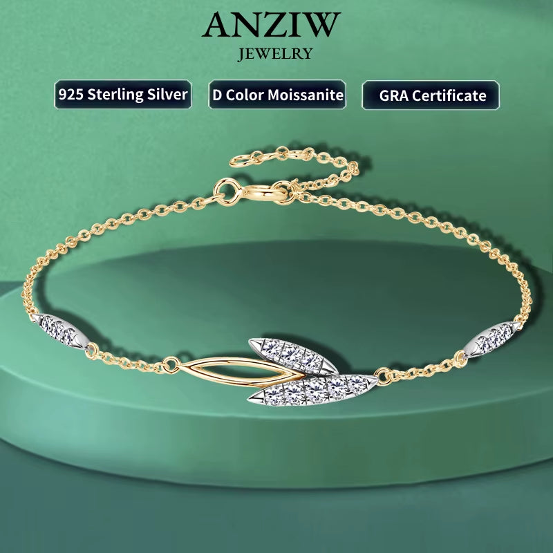 2024 Trendy 18K Rose Gold Plated Delicate 2Mm D Color Moissanite Leaf Bracelet 925 Silver Chain for Women Wedding Jewelry Gift