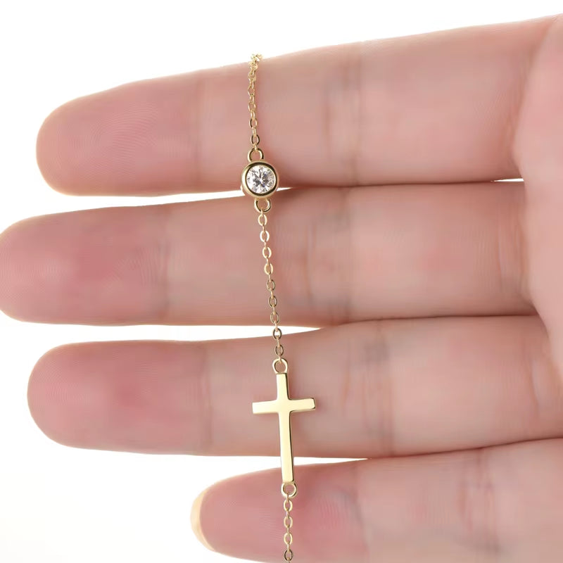 100% 925 Sterling Silver Cross Bracelet with 4Mm Bezel Moissanite Diamond for Women Men Fine Jewelry Gift Adjustable Chain