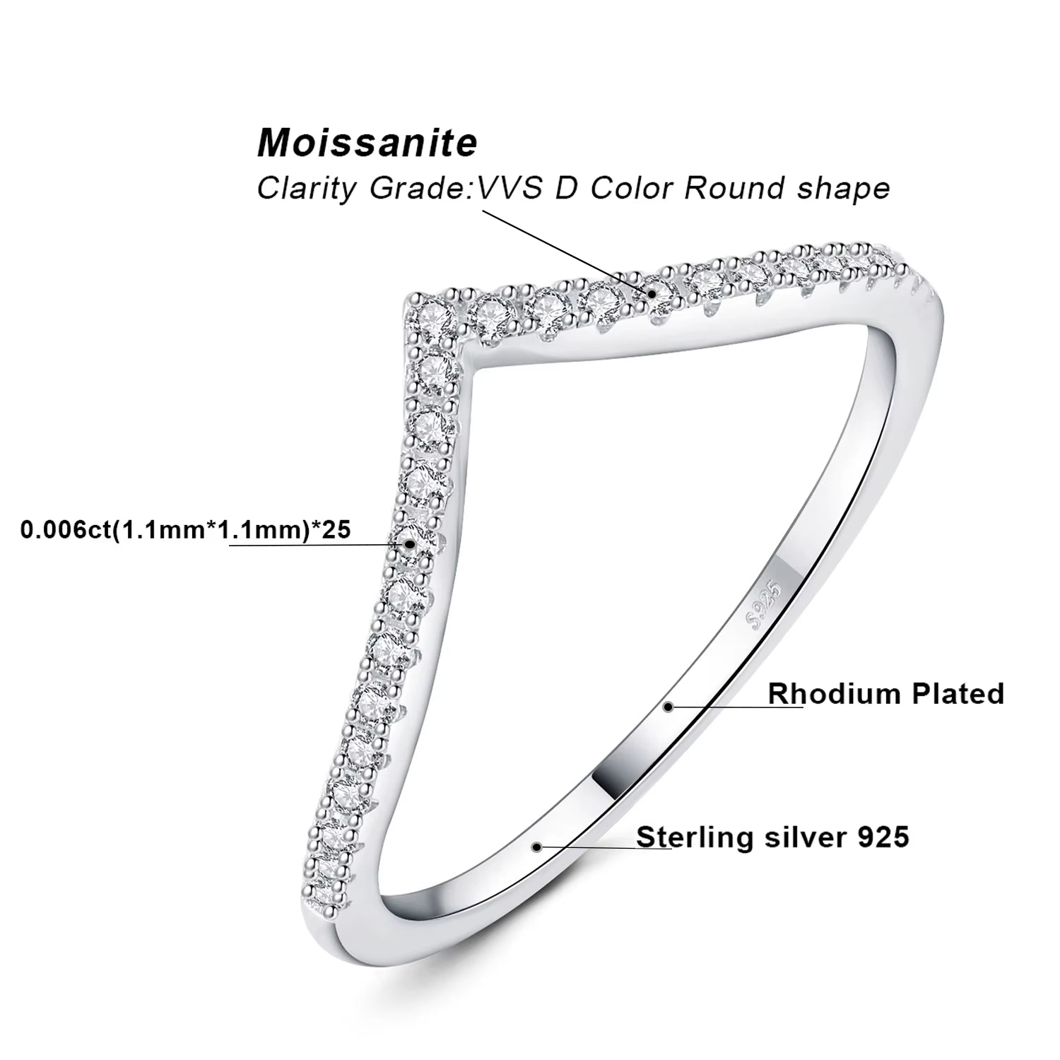 Moissanite D Color round Cut 925 Sterling Silver V Shape Stackable Wedding Ring for Woman Yellow Rose Gold Plated