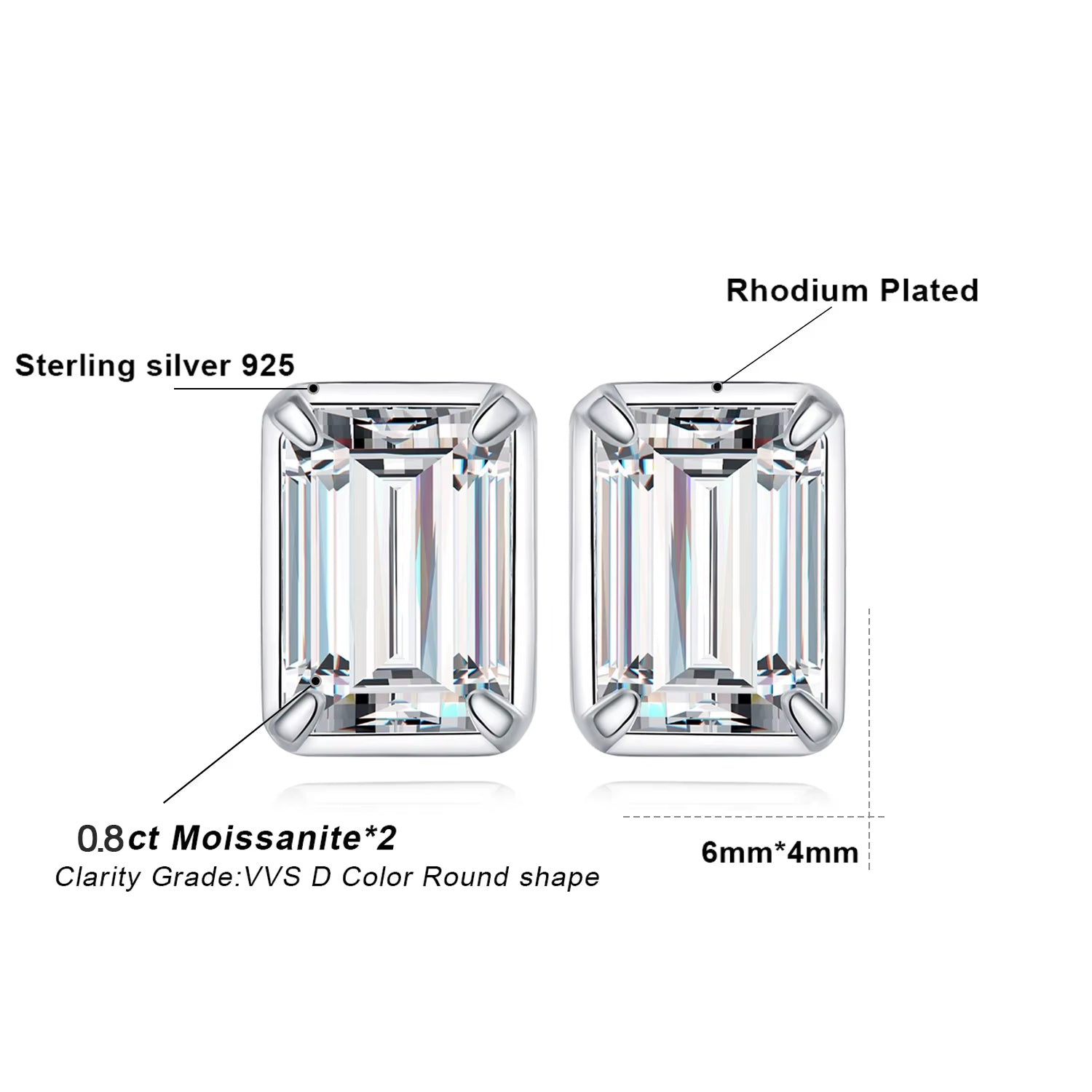 Moissanite D Color 1.6Ct/Pair Emerald Cut 925 Sterling Silver Stud Earrings for Woman Yellow Rose Gold Plated